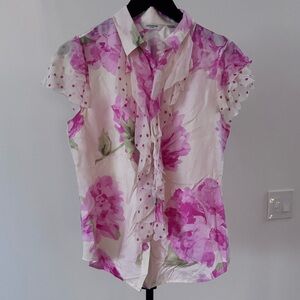 Liz Claiborne Pink Floral Ruffle Button-Up Blouse
